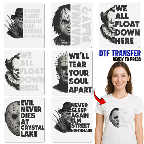 Creepy Doll Face Halloween Iron-On DTF Transfer for Scary Movie Fans T-shirt Gothic Horror Apparel