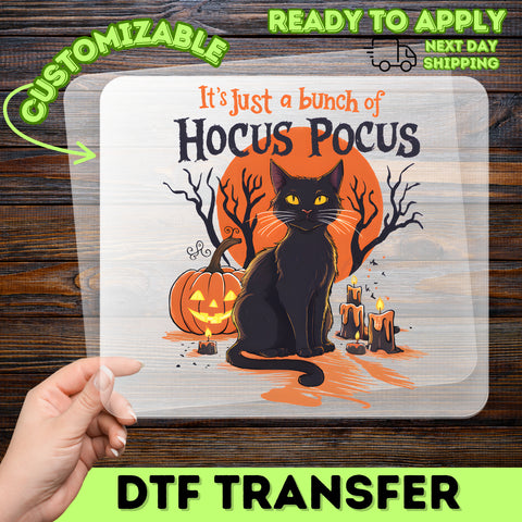 Cute Halloween Cat & Pumpkin DTF Transfer, It's Just A Bunch Of Hocus Pocus for T-shirt, Spooky Funny Party Ready To Press Iron-On