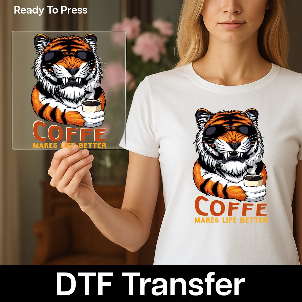Funny Tiger Coffee DTF Transfer for Apparel, Quirky Animal Humor Ready To Press Iron-On, Perfect for T-Shirts, Coffee Lovers Gift