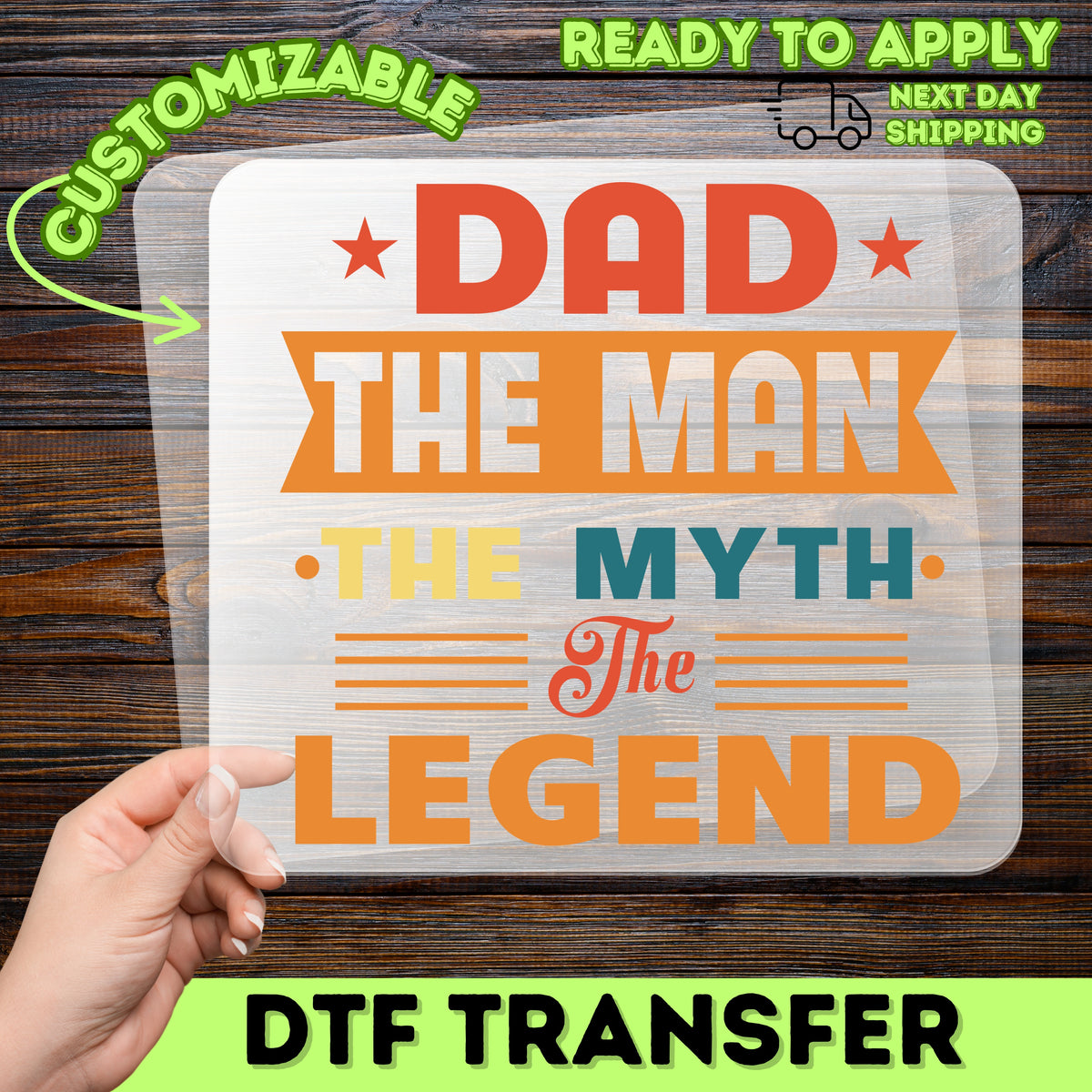 Father's Day DTF Transfer | Funny Dad, The Man The Myth The Legend, Retro Iron-On Apparel for Family, Bold Typography Shirt