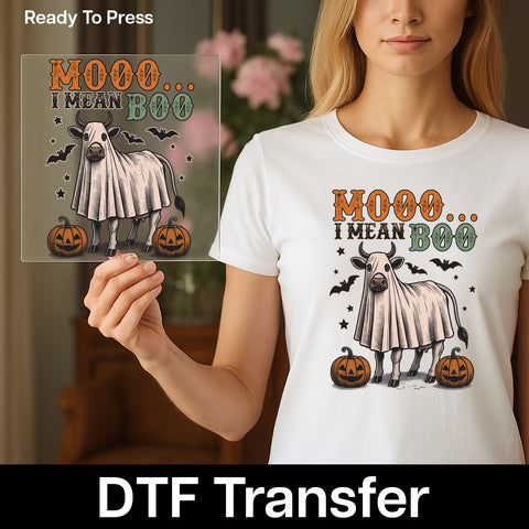 Funny Cow Ghost Halloween DTF Transfer | Ready to Press Cute Farm Animal Halloween Iron-On for Family Group Apparel