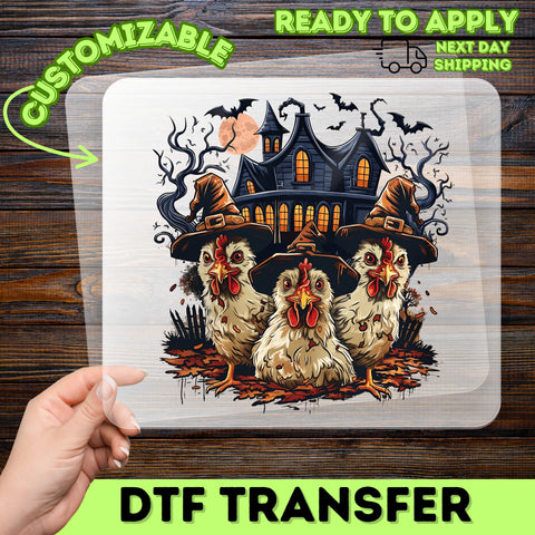 Funny Halloween Witchy Chicken DTF Transfer Ready to Press Iron-On for Family T-Shirt Ghostly Farmhouse Apparel