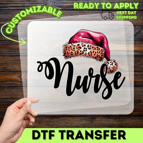 Festive Nurse Leopard Santa Hat DTF Transfer Iron-On Ready to Press Christmas Nurse T-Shirt Apparel