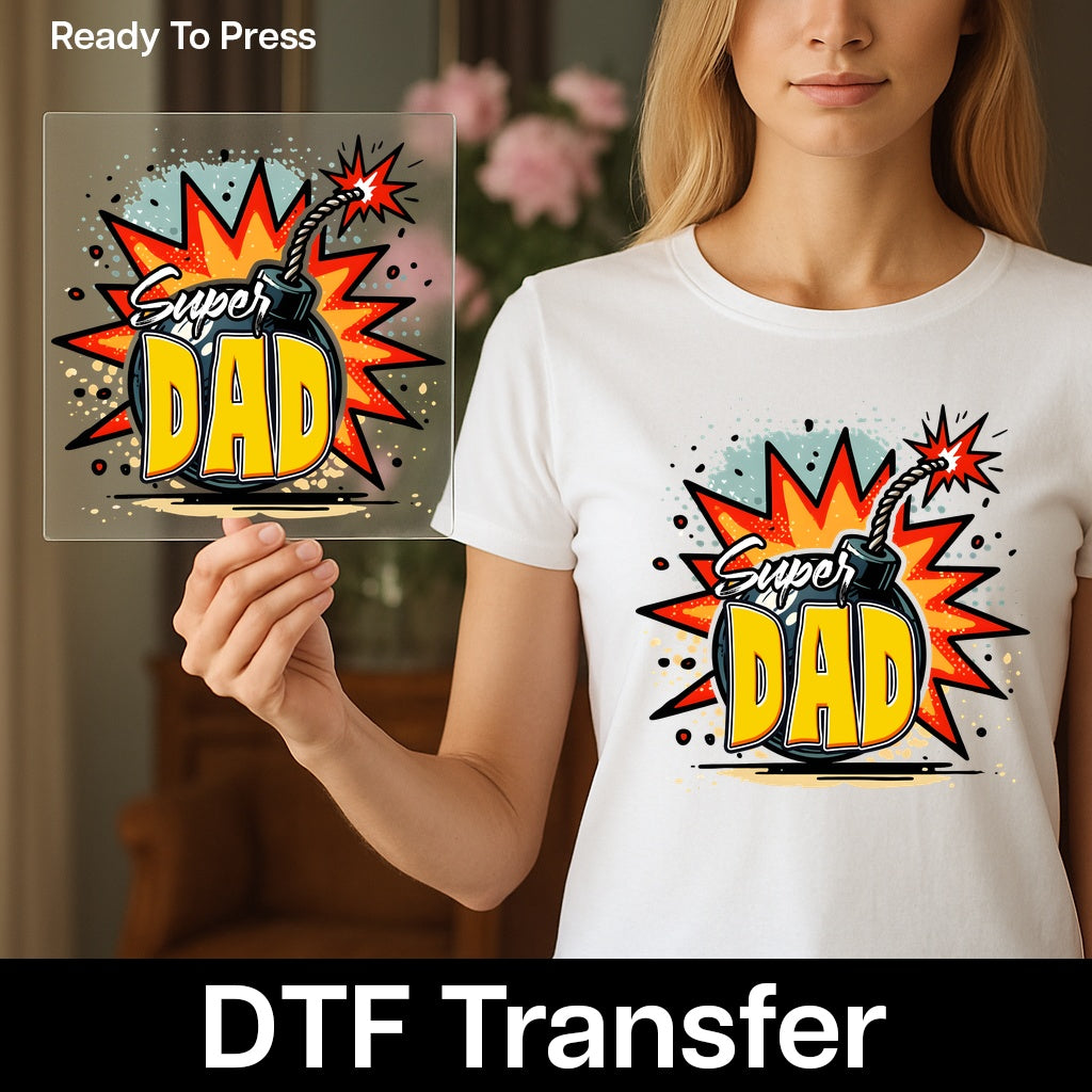 Super Dad Comic Bomb Ready To Press dtf transfer Iron-On for Father's Day, funny retro dad design for t-shirts & sweatshirts gifts from kids