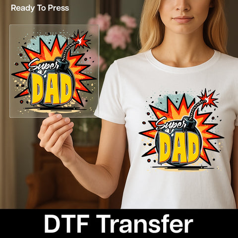 Super Dad Comic Bomb Ready To Press dtf transfer Iron-On for Father's Day, funny retro dad design for t-shirts & sweatshirts gifts from kids