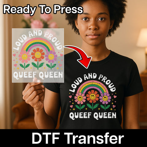 DTF Transfer Funny Queef Queen Iron-On Retro Flower Power Rainbow Ready To Press LGBTQ Pride Apparel