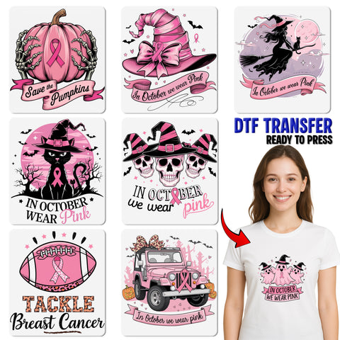 Cute Gothic Halloween Skeleton Witches DTF Transfer for Spooky Pink Ribbon Apparel & Breast Cancer Awareness