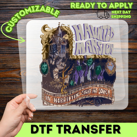 Iron-On Haunted Mansion Halloween DTF Transfer - Spooky Ghost Theme Retro Gothic Apparel for Halloween Parties