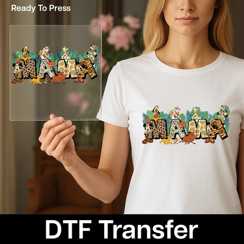 Cute Safari Adventure Animated DTF Transfer for Family T-Shirts, Ready To Press Iron-On Animal Print Wildlife Theme for Moms & Kids