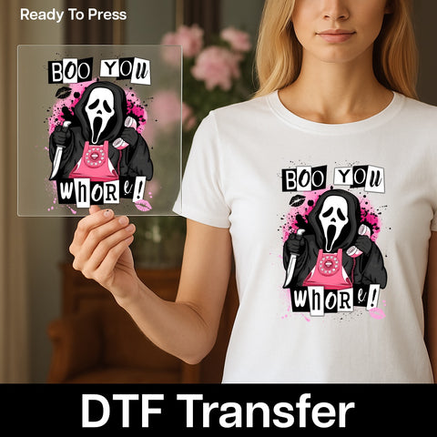 Funny Halloween Ghost Face DTF Transfer, Boo You Whore Shirt, Edgy Pop Culture Iron-On for Women & Teens, Ready to Press