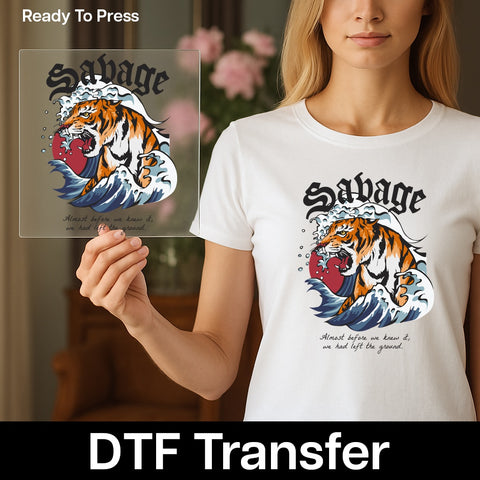 Savage Tiger & Waves Adventure Graphic DTF Transfer for Bold Apparel & Sports Teams, Ready To Press Tattoo Style