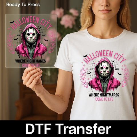 Ready to Press Halloween Horror Movie DTF Transfer for T-shirt, Spooky Funny Apparel for Young Adults, Edgy Gothic Design