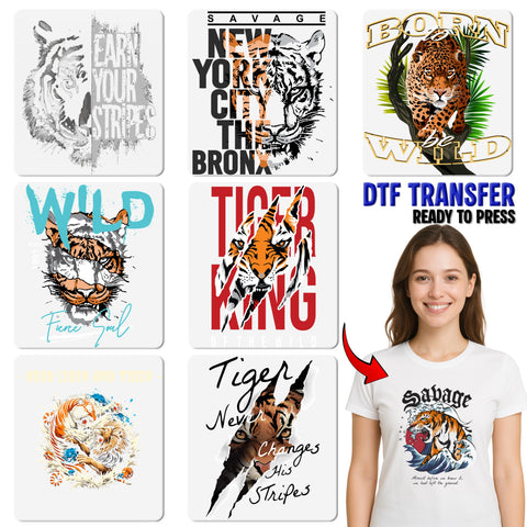 Savage Tiger & Waves Adventure Graphic DTF Transfer for Bold Apparel & Sports Teams, Ready To Press Tattoo Style