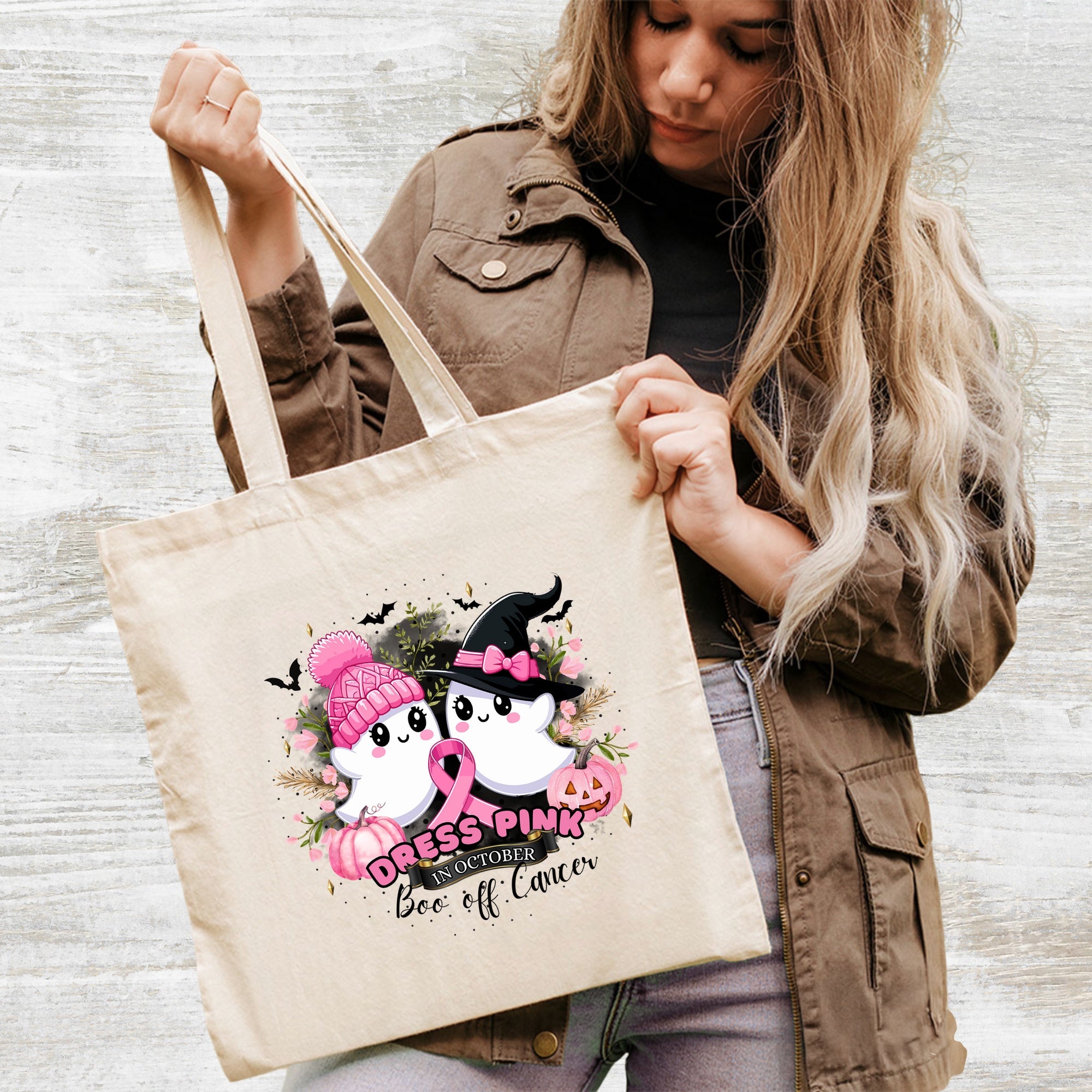 Cute Halloween Ghost & Pink Ribbon DTF Transfer for Breast Cancer Awareness Women's Shirt