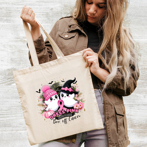 Cute Halloween Ghost & Pink Ribbon DTF Transfer for Breast Cancer Awareness Women's Shirt
