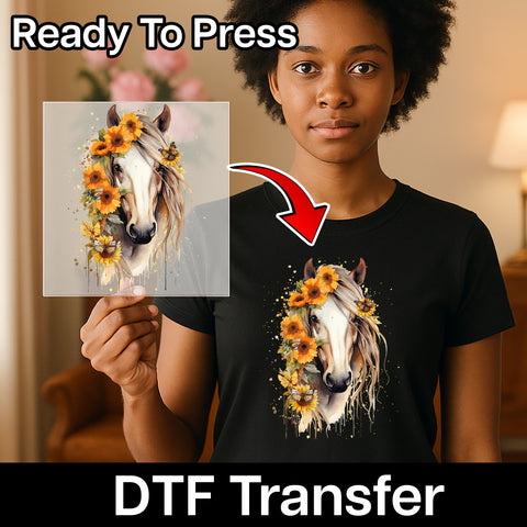 Cute Fall Nature Horse DTF Transfer for Women T-Shirt, Ready To Press, Autumn Sunflower Horse Iron-On Art