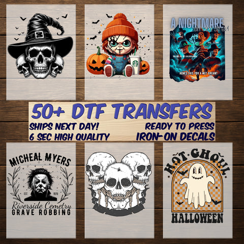 Spooky Gothic Halloween DTF Transfer for Whimsical Skeleton & Ghost Shirt - Ready to Press Iron-On for Fun Holiday Apparel