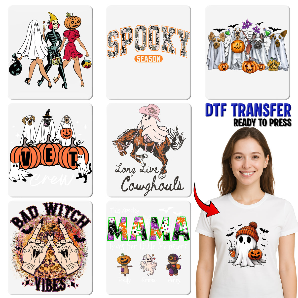 Cute Halloween DTF Transfer Iron-On Ghost Dogs & Pumpkins Funny Pet Theme Ready To Press T-Shirt Design for Dog Lovers