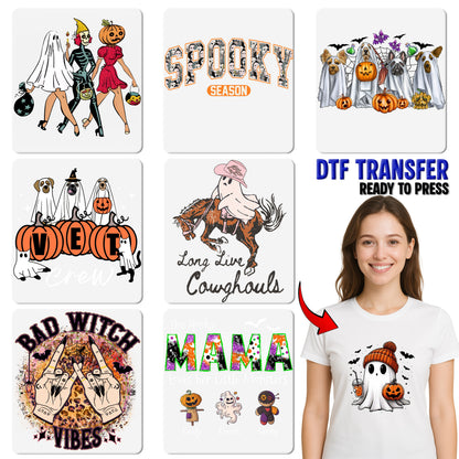 Cute Halloween DTF Transfer Iron-On Ghost Dogs & Pumpkins Funny Pet Theme Ready To Press T-Shirt Design for Dog Lovers