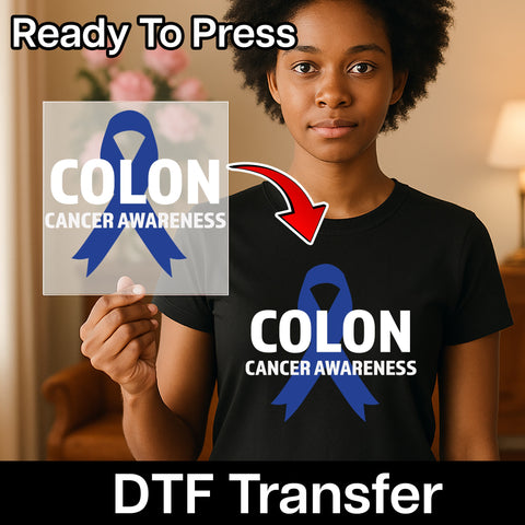 Ready to Press Colon Cancer Awareness DTF Transfer - Blue Ribbon Iron-On for T-Shirts & Apparel - Support Health Workers & Survivors