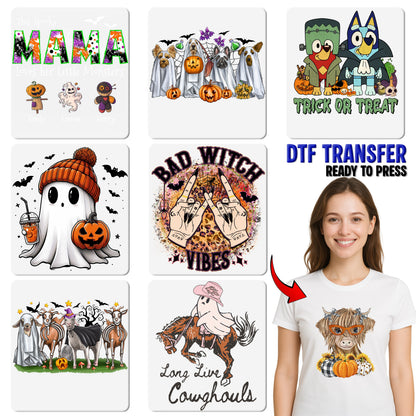 Cute Halloween Ghost with Pumpkin & Beanie DTF Transfer | Ready to Press Halloween Apparel for Families & Partygoers