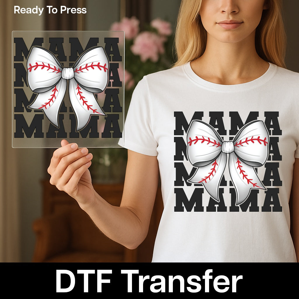 Cute Baseball Bow DTF Transfer for Mom T-shirt, Ready to Press Apparel for Sports Mama, Game Day Family Shirt