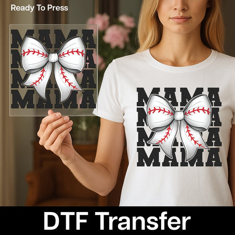 Cute Baseball Bow DTF Transfer for Mom T-shirt, Ready to Press Apparel for Sports Mama, Game Day Family Shirt