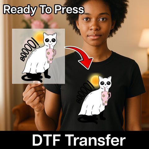 Cute Ghostly White Cat Halloween Coffee DTF Transfer Ready To Press for Women's T-Shirt or Sweatshirt