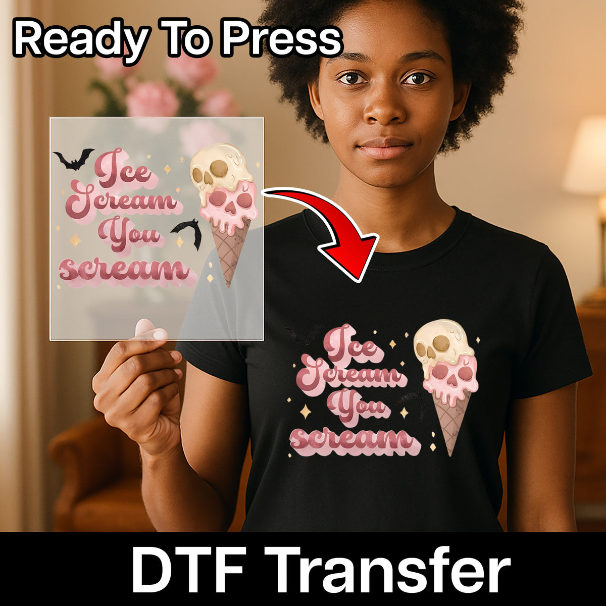 Funny Halloween Skull Ice Cream DTF Transfer for Retro Cute Apparel & Party Shirt