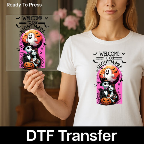 Spooky Gothic Halloween DTF Transfer for Whimsical Skeleton & Ghost Shirt - Ready to Press Iron-On for Fun Holiday Apparel