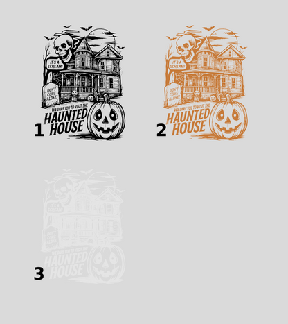 Spooky Halloween Haunted House DTF Transfer for Group Apparel - Vintage Gothic Comic Style T-shirt Design