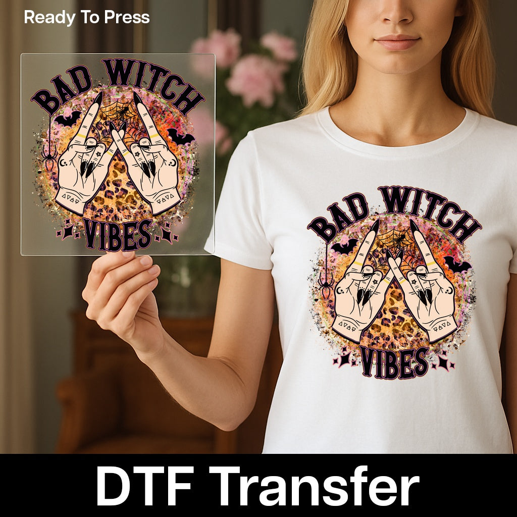 Funny Halloween 'Bad Witch Vibes' DTF Transfer for Spooky Party Shirts & Sweatshirts, Ready to Press Gothic Iron-On
