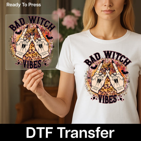 Funny Halloween 'Bad Witch Vibes' DTF Transfer for Spooky Party Shirts & Sweatshirts, Ready to Press Gothic Iron-On
