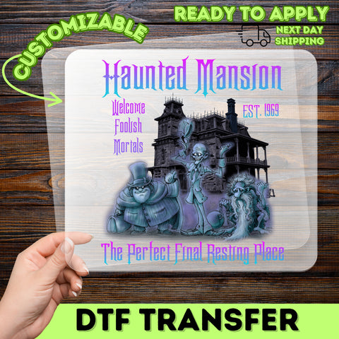 Iron-On Gothic Halloween Haunted Mansion DTF Transfer for Spooky Family Shirts & Group Apparel, Cute and Eerie Design