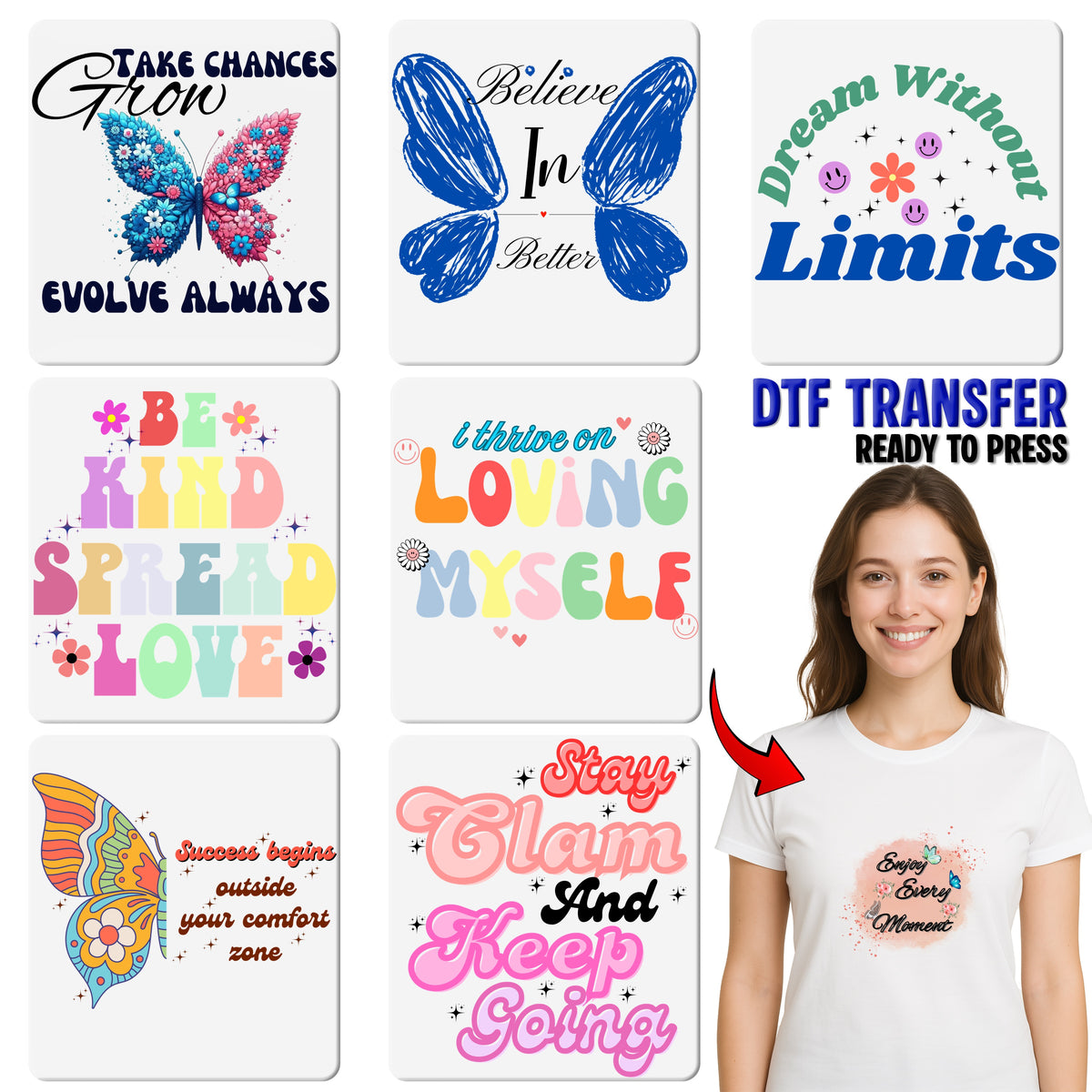 Inspirational Butterfly Comfort Zone Quote DTF Transfer for Retro Boho Apparel & Motivational T-Shirts, Ready to Press