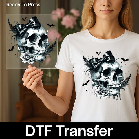 Gothic Skull with Roses & Bows DTF Transfer | Halloween Iron-On for Alternative Fashion Apparel