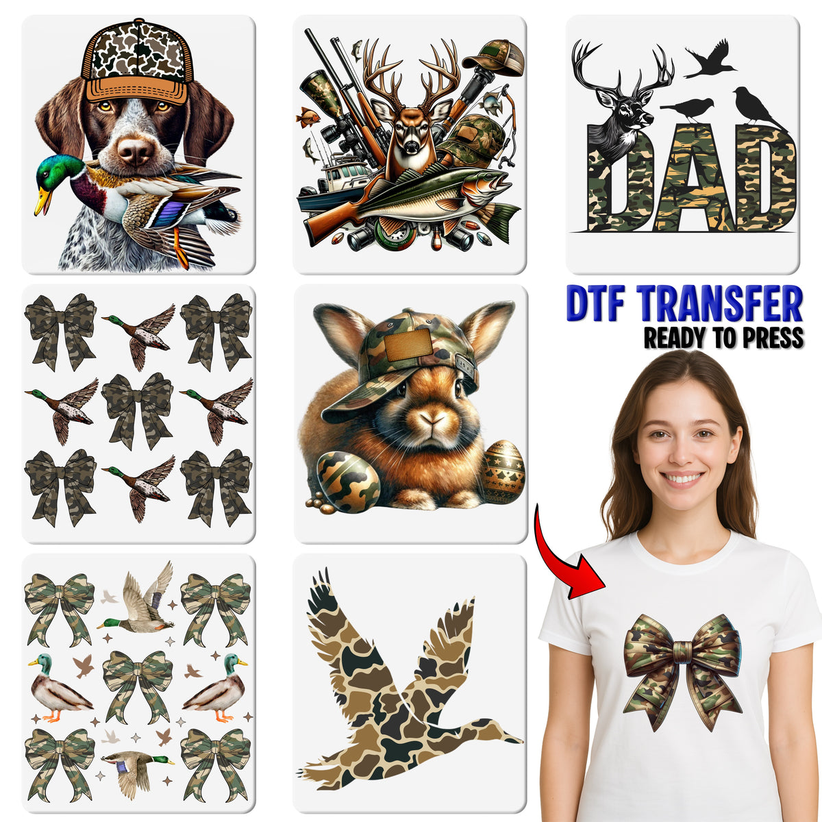 Realistic Camouflage Bow DTF Transfer - Army Support Apparel or Ready To Press Iron-On Military Theme for T-Shirts & More