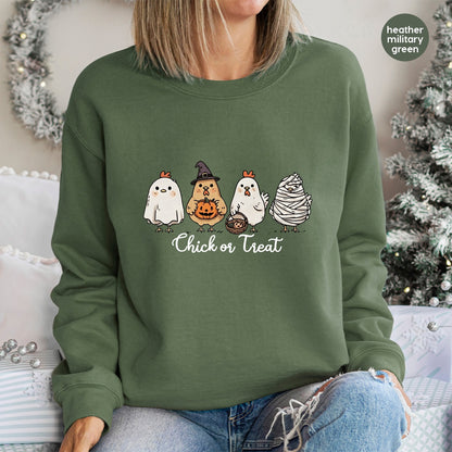 Funny Halloween Chicken DTF Transfer, Cute Chick or Treat Iron-On for Family Shirts & Apparel, Ready to Press Fall Party Gift