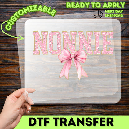 Cute Nonnie Floral DTF Transfer with Pink Bow for Grandma Shirts - Ready to Press Iron-On Gift for Grandmother's Day