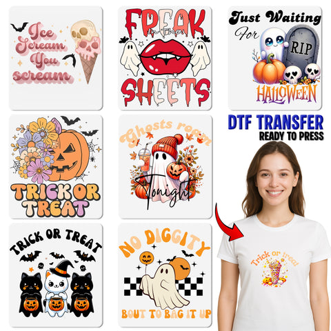 Cute Retro Pink Halloween DTF Transfer for Ghost Spraying T-Shirt & Sweatshirt, Fun Party Apparel, Iron-On for Festive Groups