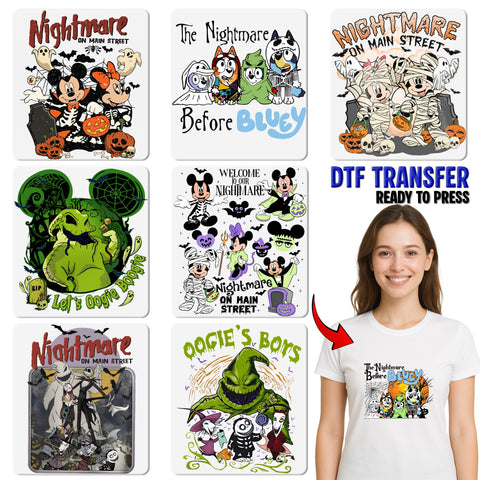 Cute Funny Halloween Character DTF Transfer Iron-On for T-shirt - Nightmare on Main Street Skeleton Design for Families & Friends