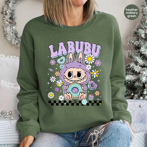 Cute Monster with Bunny Ears & Donut DTF Transfer - Ready To Press for Youth T-shirt - Fun Kawaii for Party Apparel