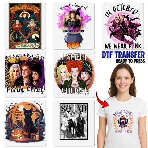 Funny Halloween "Hocus Pocus" DTF Transfer for T-Shirts & Apparel - Cute Witch Trio Design Ready to Press Iron-On