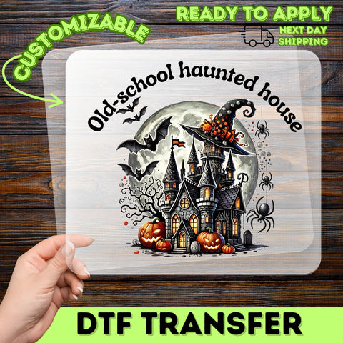 Iron-On Cute Haunted Castle DTF Transfer for Halloween Party T-Shirt, Ready To Press Spooky Season Apparel Design