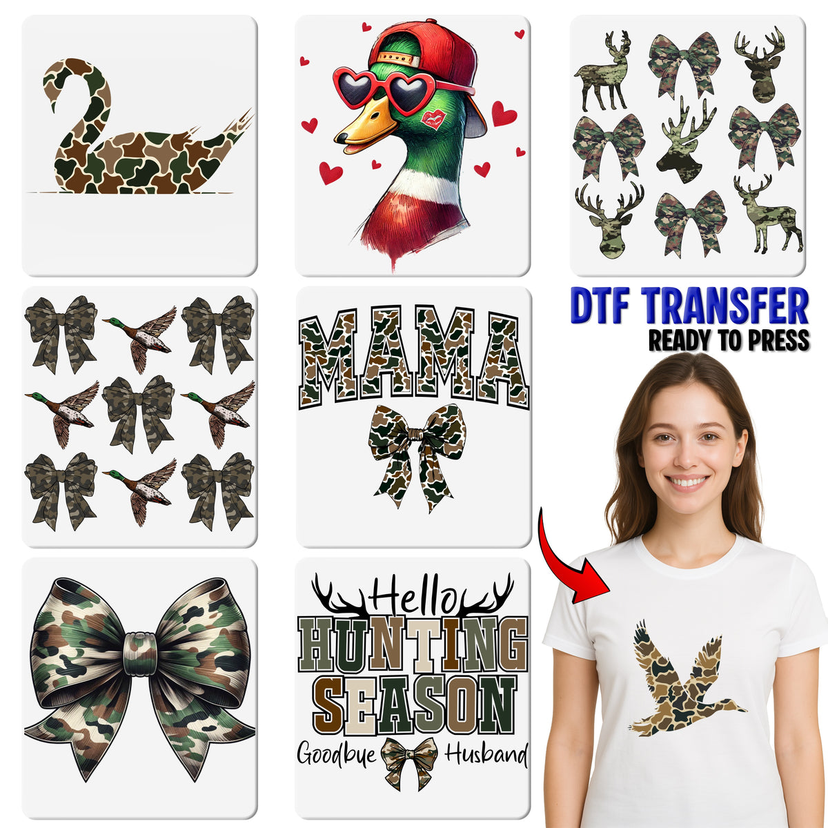 Camo Bow Cute DTF Transfer for Military Family & Outdoor Enthusiasts, Army Theme Ready To Press Iron-On Apparel Gift