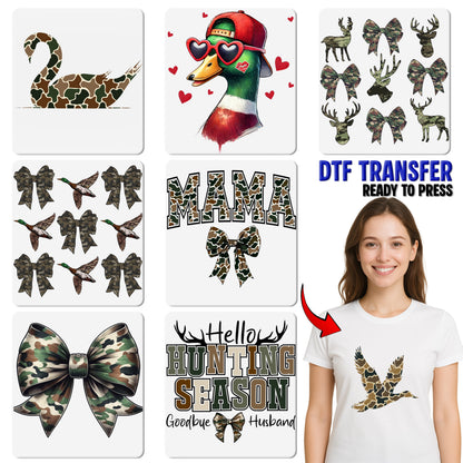 Camo Bow Cute DTF Transfer for Military Family & Outdoor Enthusiasts, Army Theme Ready To Press Iron-On Apparel Gift