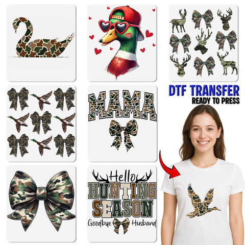 Camo Bow Cute DTF Transfer for Military Family & Outdoor Enthusiasts, Army Theme Ready To Press Iron-On Apparel Gift