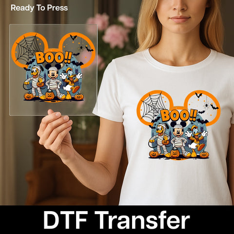 Cute Halloween mummy characters DTF transfer for kids t-shirt, funny spooky pumpkins & bats iron-on, family holiday apparel