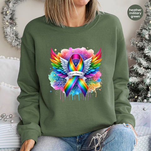 Fight Cancer Rainbow Ribbon DTF Transfer, Cute & Inspirational Iron-On for Survivor Support Apparel, Angel Wings Holiday Gift