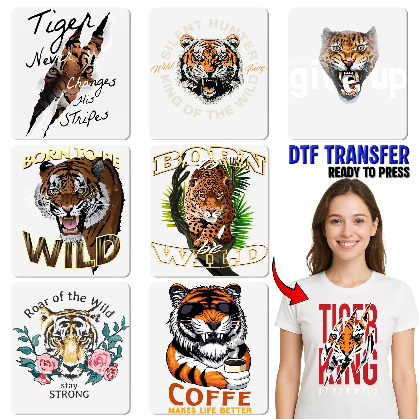 Wild Soul Tiger Face DTF Transfer for Adventure Apparel, Ready To Press Iron-On Wildlife Design for T-shirts & Outdoor Spirit Gear